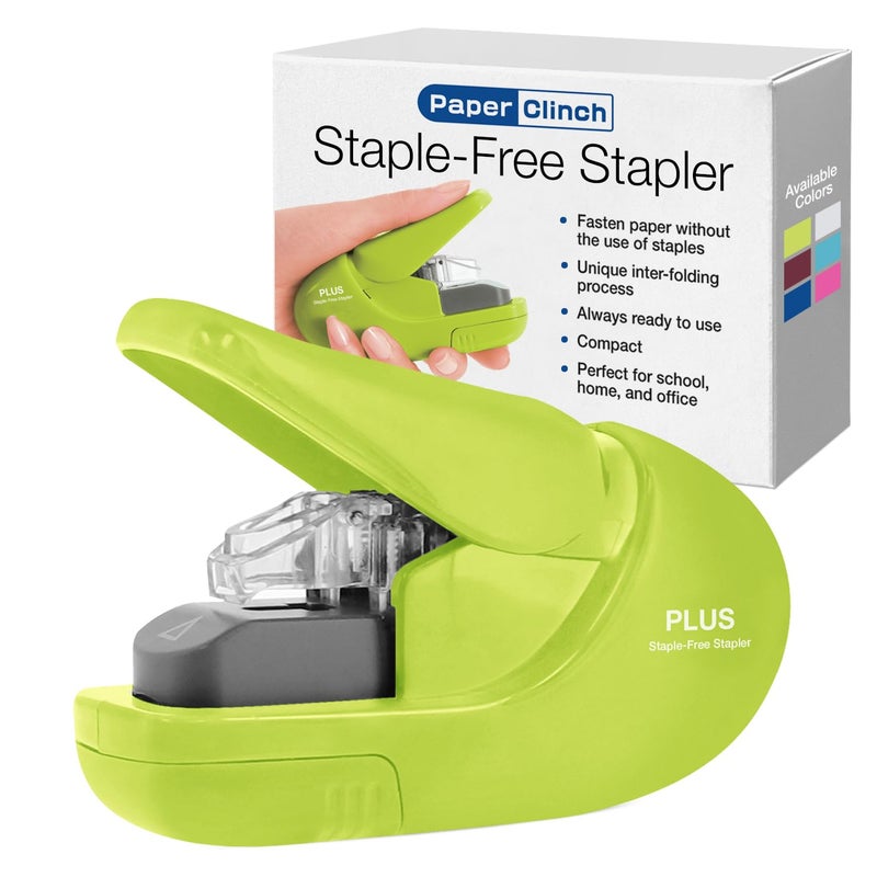 Plus Paper Clinch Compact Staple-Free Stapler, Green - Image 1